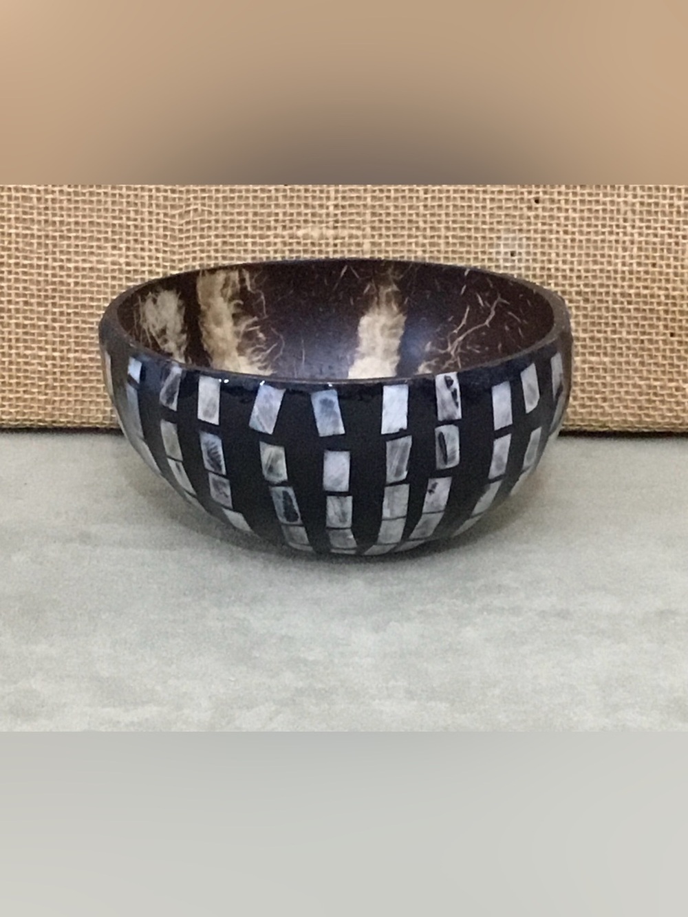 Brazil Station Handcrafted Black Coconut Shell Bowl with Mother of Pearl Inlay